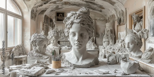 A collection of unfinished plaster sculptures in an artist's studio. photo