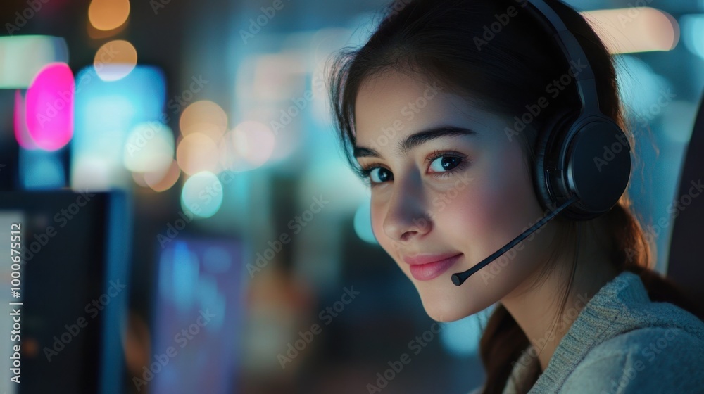 A friendly customer service representative wearing a headset, smiling while assisting a customer through a computer screen.