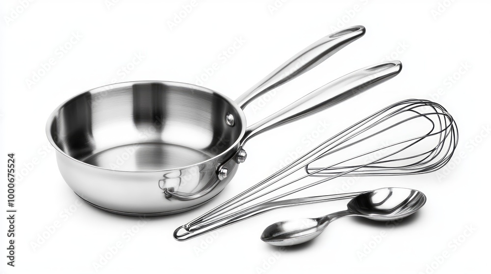 stainless steel kitchen tools, pot, pan, wire whisk on white Background stainless steel kitchen tools, pot, pan, wire whisk on white Background