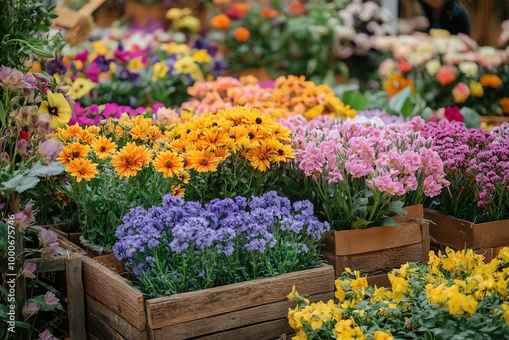 A colorful display of flowers in wooden crates at a market. A colorful display of flowers in wooden crates at a market.