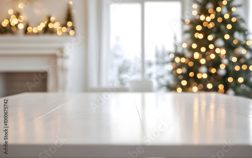 Empty white table with christmas dining room and tree in the background with copy space photo