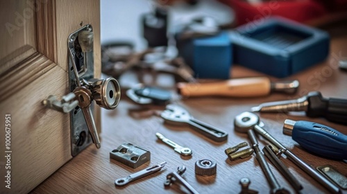 A locksmith repairing a door lock in a customer's home, with tools and parts laid out on the floor nearby.