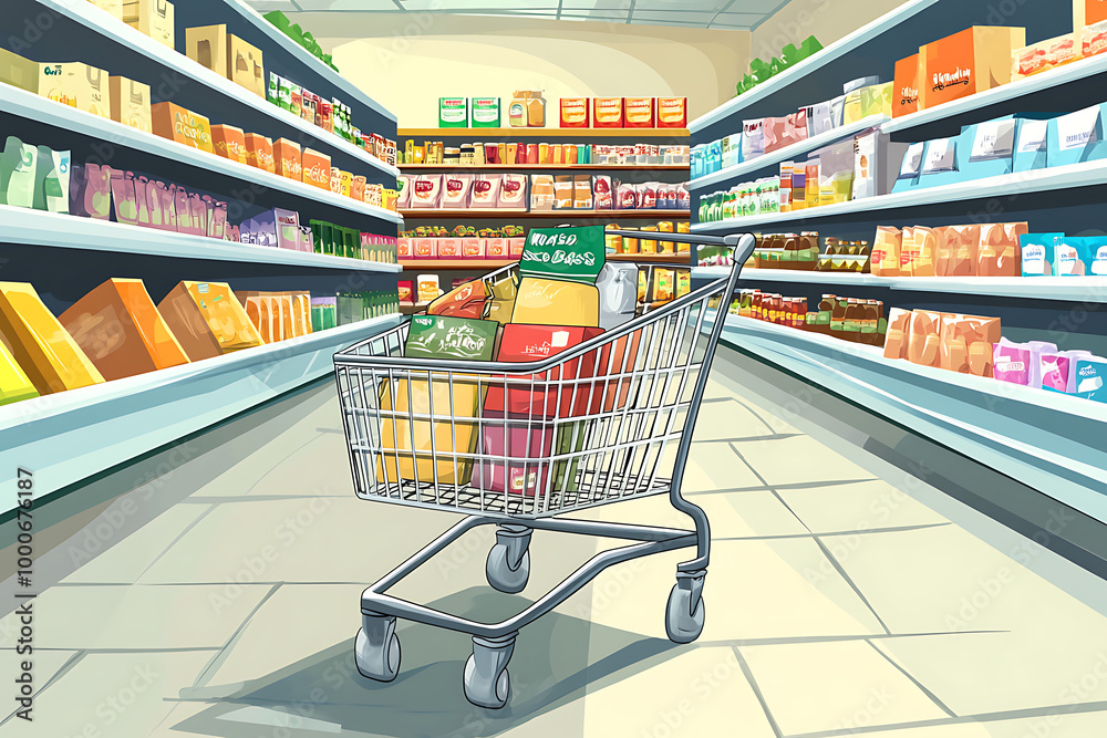 A shopping cart filled with groceries in a brightly lit supermarket aisle. A shopping cart filled with groceries in a brightly lit supermarket aisle.