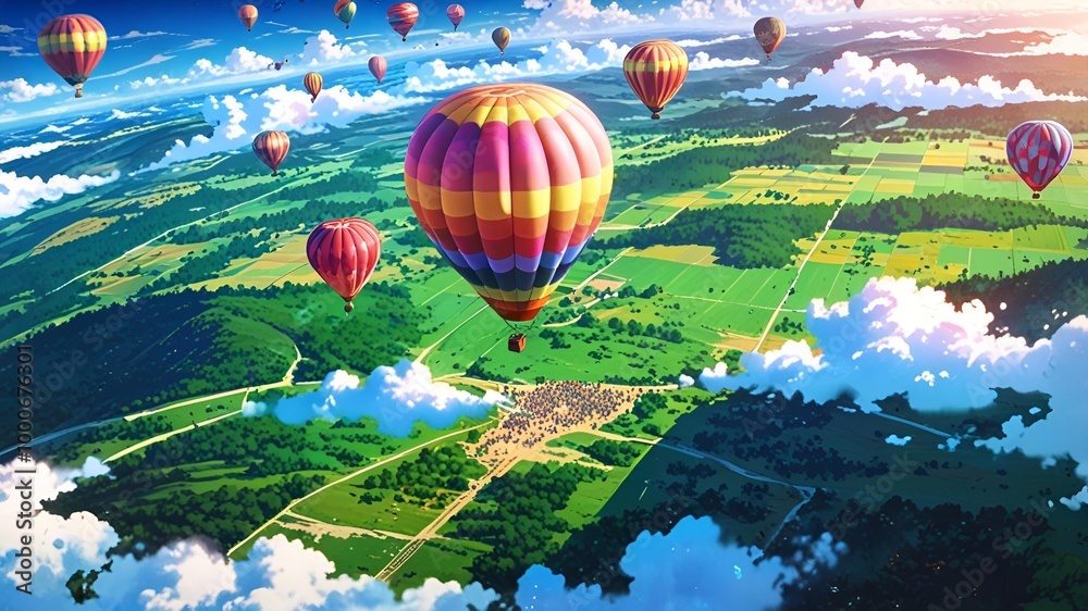Fototapeta premium Aerial view of a colorful hot air balloon festival, with dozens of balloons floating above a vast landscape, their vibrant colors contrasting against a deep blue sky, creating a festive and lively mob