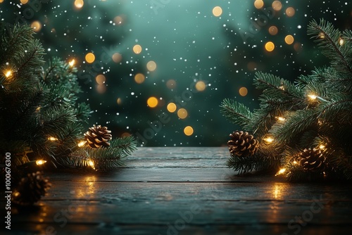 wooden table with a dark green background and golden lights, Christmas tree branches for product display or presentation blurred snowflakes falling in the air