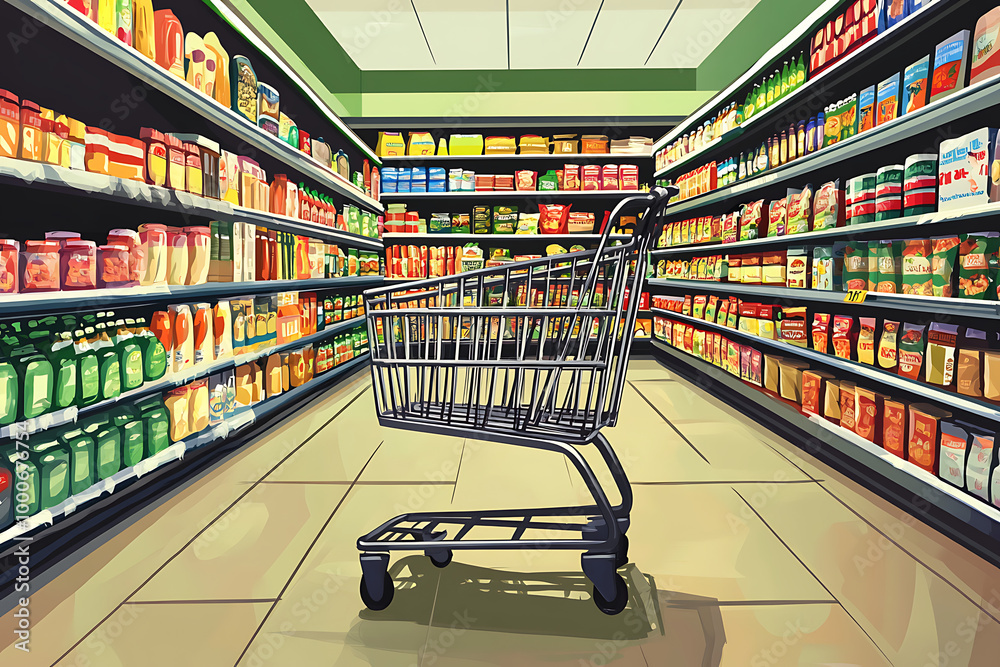 A grocery store aisle with a shopping cart amidst various food products on shelves. A grocery store aisle with a shopping cart amidst various food products on shelves.