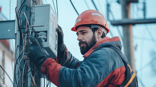 An electrician checking connections in an outdoor junction box on a power pole.