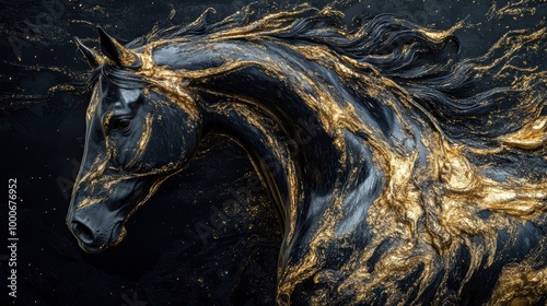 Majestic Black Horse with Golden Accents in Dynamic Artistic Representation