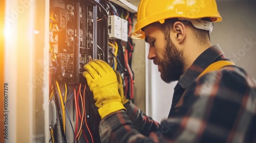 An electrician installing surge protectors in a residential electrical panel.
