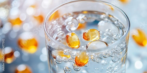 A close-up of a glass of water with floating vitamins and bubbles, emphasizing health and wellness