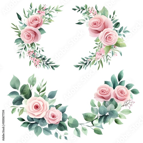 Watercolor floral wreath, with roses and pink flowers, leaves, and eucalyptus clipart, on a white background, 