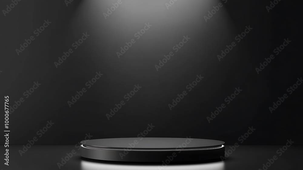 A black podium with a spotlight on it in a dark room. A black podium with a spotlight on it in a dark room.