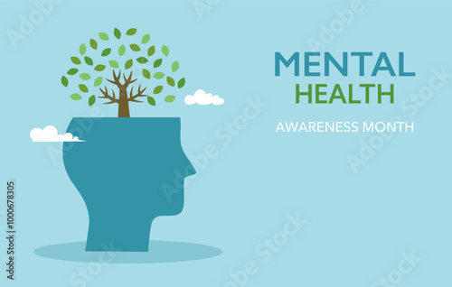 Mental Health awareness month, concept design with tree on human head vector illustration.