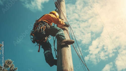 An electrician wearing safety gear and climbing a utility pole to repair power lines.