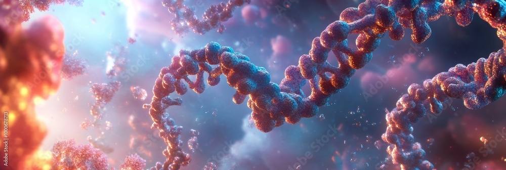 A detailed render of a DNA double helix in vibrant colors, showcasing the intricate structure and scientific beauty, floating in a light-filled space A detailed render of a DNA double helix in vibrant colors, showcasing the intricate structure and scientific beauty, floating in a light-filled space