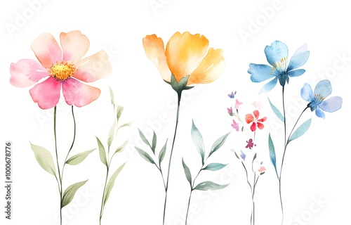 Watercolor flower clip art, white background, cute, simple design, illustration, watercolor, pastel colors