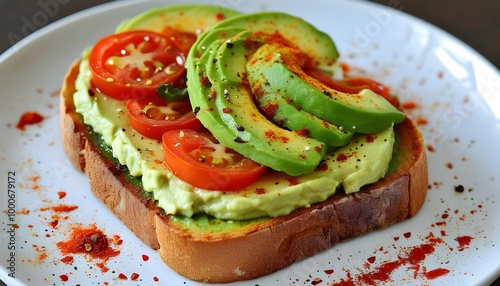 Vibrant Avocado and Tomato Toast with Cream Cheese Accented by Colorful Spices on White Plate