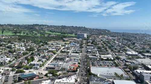 Aerial view over La Jolla with big villas and ocean in the background, San Diego, California, USA