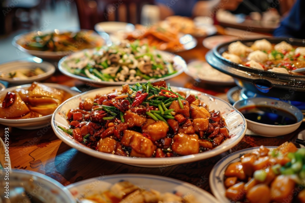 Vibrant Chinese Cuisine Table Spread Featuring an Array of Delicious Dishes for Dining Experience
Vibrant Chinese Cuisine Table Spread Featuring an Array of Delicious Dishes for Dining Experience