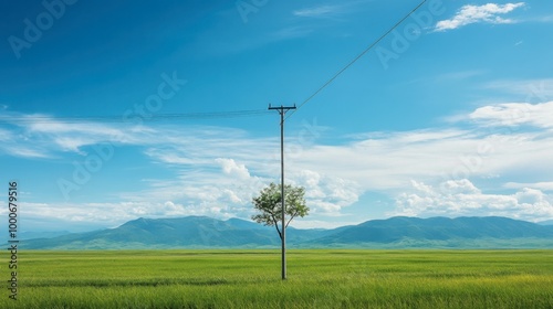 Electric pole standing in a wide green meadow, with a solitary tree and distant mountains under a bright blue sky.