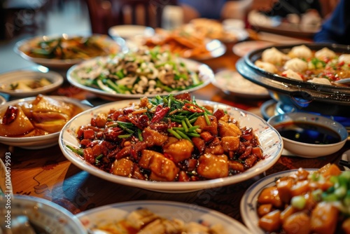 Vibrant Chinese Cuisine Table Spread Featuring an Array of Delicious Dishes for Dining Experience