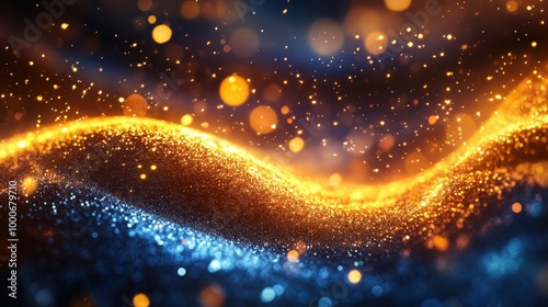 Abstract Glittering Wave of Gold and Blue Sparkles with Bokeh Lights in a Dark Background