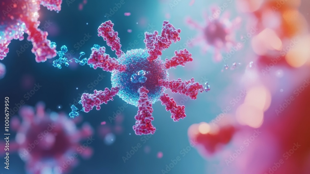 A stylized illustration of an antibody molecule connecting with a virus, emphasizing the immune response in a visually appealing manner A stylized illustration of an antibody molecule connecting with a virus, emphasizing the immune response in a visually appealing manner