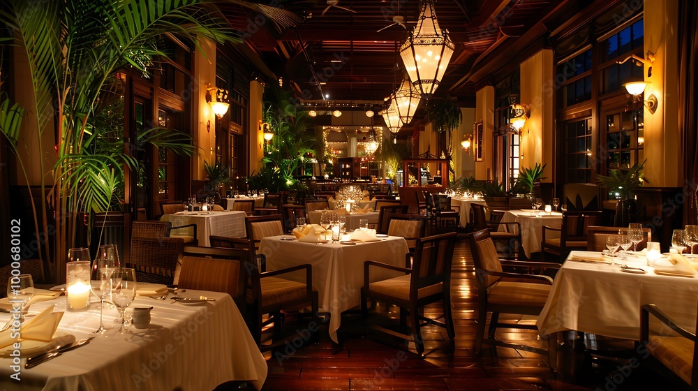 Luxurious and elegant dining room interior with white tablecloths and chairs, candlelight, and warm lighting.