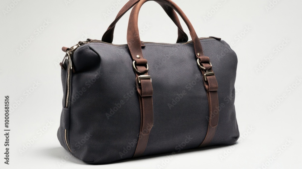 Naklejka premium Casual dark grey canvas gentleman bag with zip details, displayed on a white background, emphasizing practical design.