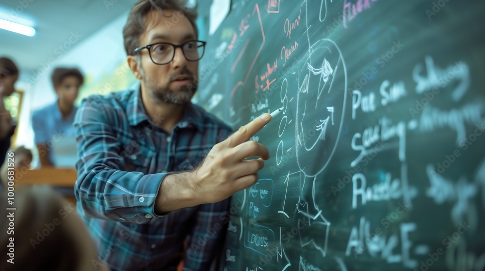 A Male Teacher in the Classroom: Wearing Eyeglasses by the Chalkboard, He Teaches Mathematics and Imparts Knowledge and education to Students, Focusing on Geometry and Algebra in a School Setting. A Male Teacher in the Classroom: Wearing Eyeglasses by the Chalkboard, He Teaches Mathematics and Imparts Knowledge and education to Students, Focusing on Geometry and Algebra in a School Setting.