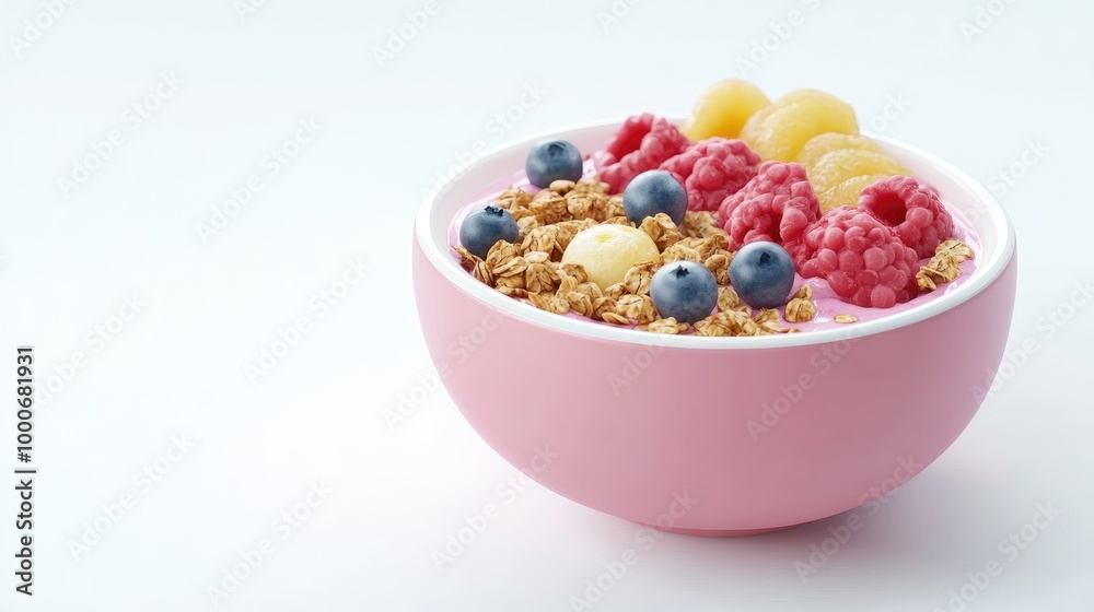 A smoothie bowl with granola and fruits, healthy breakfast element, 3D illustration, pastel tones, isolated on white background A smoothie bowl with granola and fruits, healthy breakfast element, 3D illustration, pastel tones, isolated on white background