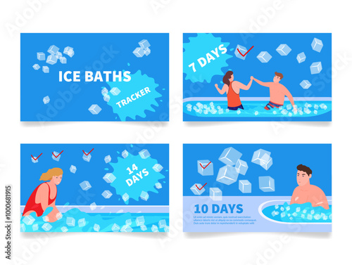 Ice bath tracker showcasing daily progress over two weeks, featuring participants engaging in cold therapy sessions