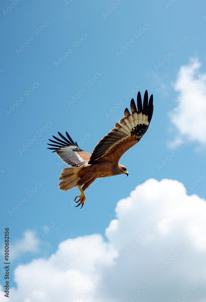 Naklejka premium Winged Wonder: Panoramic Honey Buzzard Photography - Ultra-Wide Angle Shot of Majestic Raptor Soaring Through Cloud-Dotted Skies, Embodying Freedom