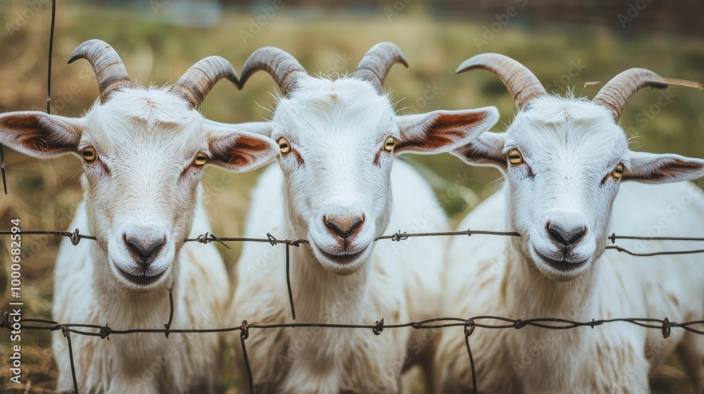 Obraz premium Three white goats behind the fence