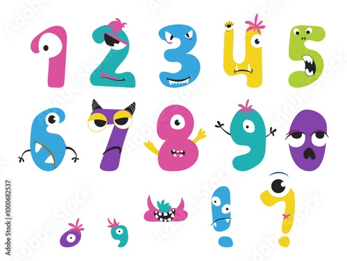 Colorful cartoon monsters representing numbers one through ten in a playful arrangement designed for educational purposes