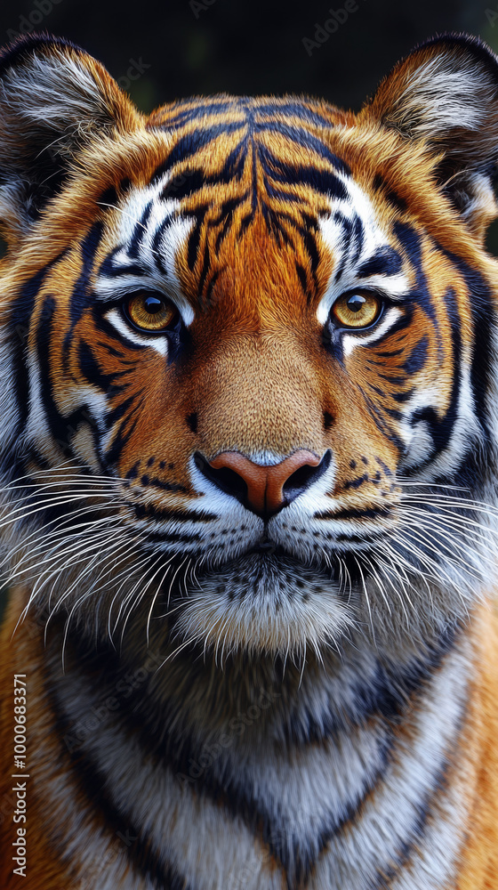 Fototapeta premium Close-up of a tiger's face, showing its powerful presence.