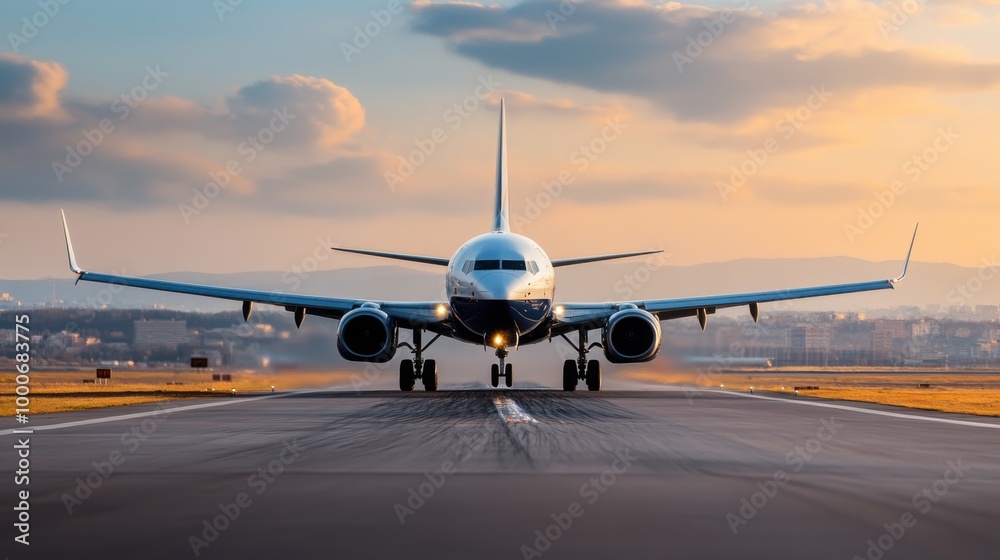 Fototapeta premium Airplane on Runway During Sunset