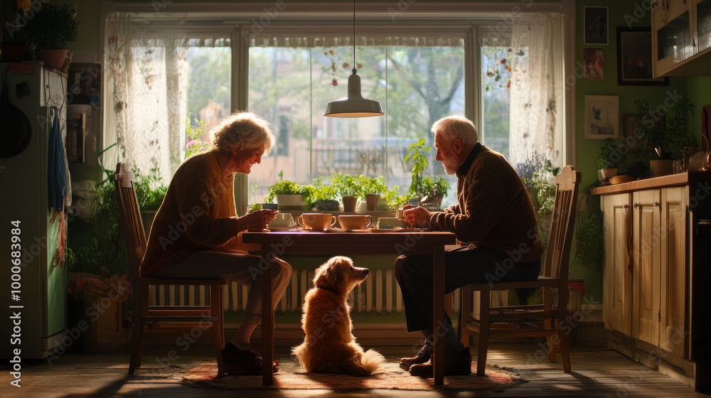 A warm scene of an elderly couple enjoying tea at cozy kitchen table, with golden retriever sitting attentively nearby. sunlight filters through window, creating serene atmosphere A warm scene of an elderly couple enjoying tea at cozy kitchen table, with golden retriever sitting attentively nearby. sunlight filters through window, creating serene atmosphere