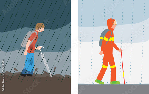 災害、豪雨。避難するとき長靴と普段着の人。雨対策防災の服装の人。イメージイラスト