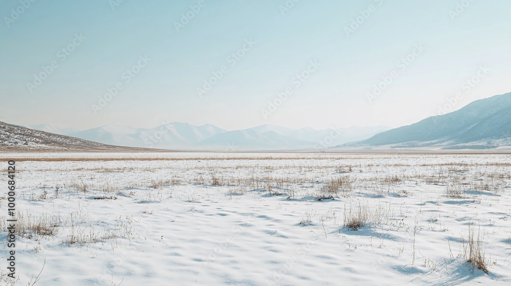 A snow-covered field with distant mountains in the background. A snow-covered field with distant mountains in the background.