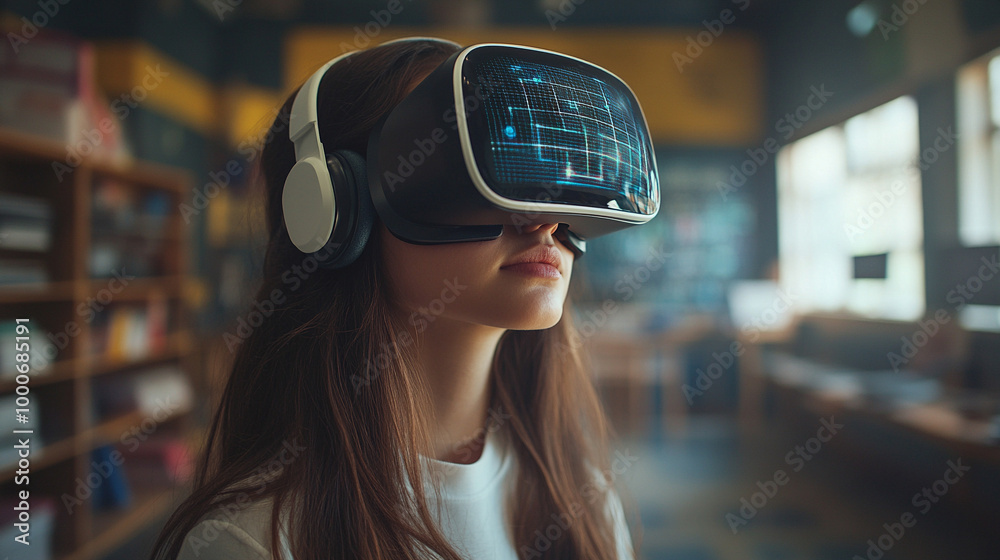 female student wearing a VR headset engages with an AI-driven learning platform. The image symbolizes the intersection of technology and education, representing innovation, future learning, and digita female student wearing a VR headset engages with an AI-driven learning platform. The image symbolizes the intersection of technology and education, representing innovation, future learning, and digita