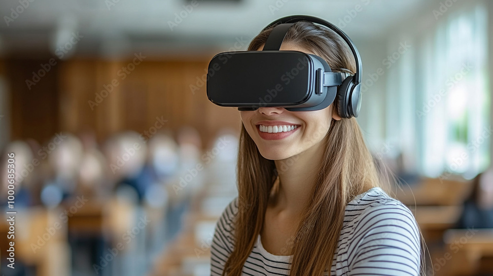 female student wearing a VR headset engages with an AI-driven learning platform. The image symbolizes the intersection of technology and education, representing innovation, future learning, and digita female student wearing a VR headset engages with an AI-driven learning platform. The image symbolizes the intersection of technology and education, representing innovation, future learning, and digita