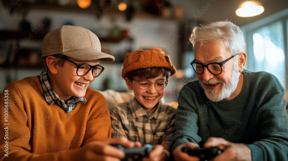 Fototapeta premium Enjoying fun gaming session, grandfather and two boys share laughter and excitement while playing video games together. Their joyful expressions highlight bond of family and friendship