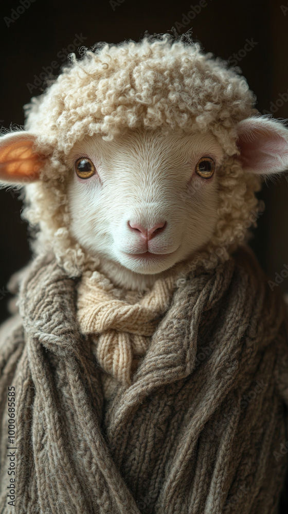 A fluffy white lamb wearing a brown sweater, looking directly at the camera. A fluffy white lamb wearing a brown sweater, looking directly at the camera.
