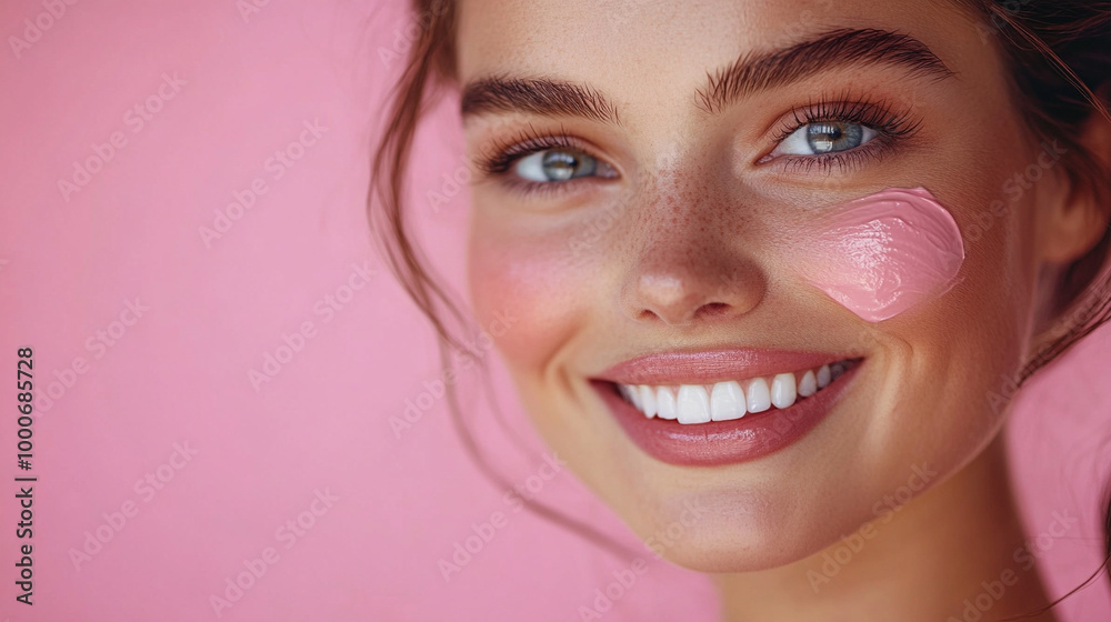 beautiful woman smiling warmly as she applies facial cream, symbolizing self-care, beauty, and confidence. The serene expression and gentle application suggest relaxation and personal wellness beautiful woman smiling warmly as she applies facial cream, symbolizing self-care, beauty, and confidence. The serene expression and gentle application suggest relaxation and personal wellness
