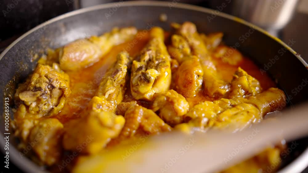 Chicken curry cooking in pan with wooden spoon stirring Chicken curry cooking in pan with wooden spoon stirring