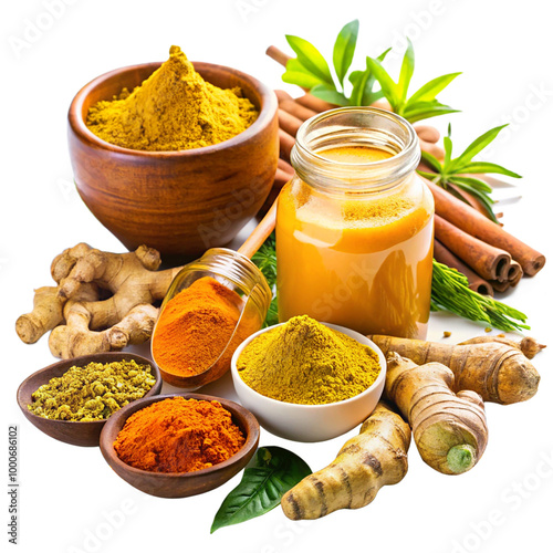 Fresh Turmeric with other herbal products isolated on white background