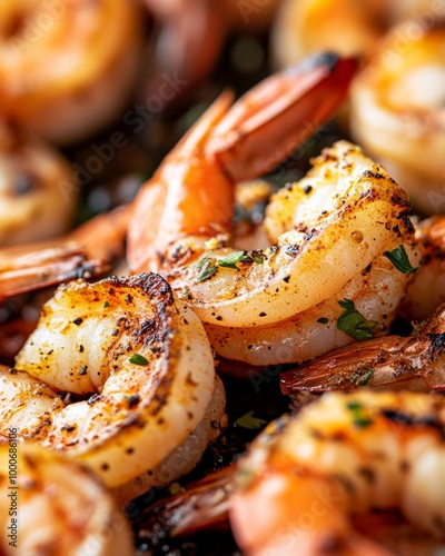 Close-Up of Grilled Shrimp Drizzled with Pepper Sauce Showcasing Vivid Colors and Textures with Copy Space photo