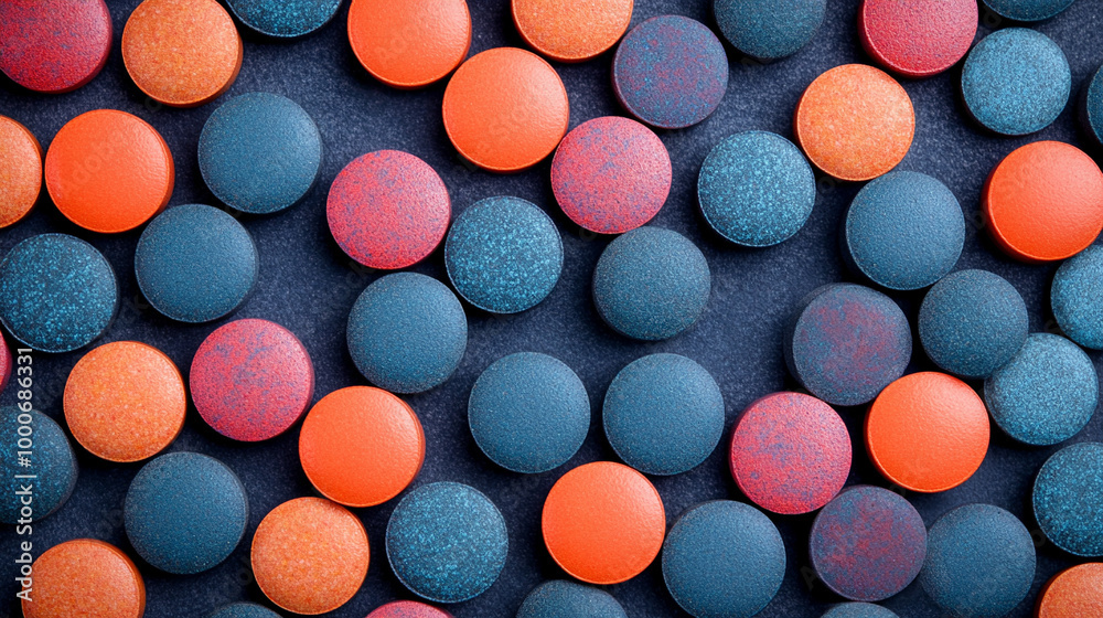 top-down view of assorted pharmaceutical pills scattered on a surface. The colorful arrangement represents modern medicine, health care choices, and wellness options top-down view of assorted pharmaceutical pills scattered on a surface. The colorful arrangement represents modern medicine, health care choices, and wellness options