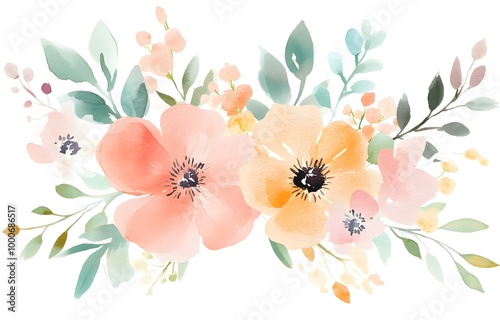 Watercolor flowers, a floral bouquet in pastel colors, isolated on a white background. Hand-drawn watercolor painting illustration, 